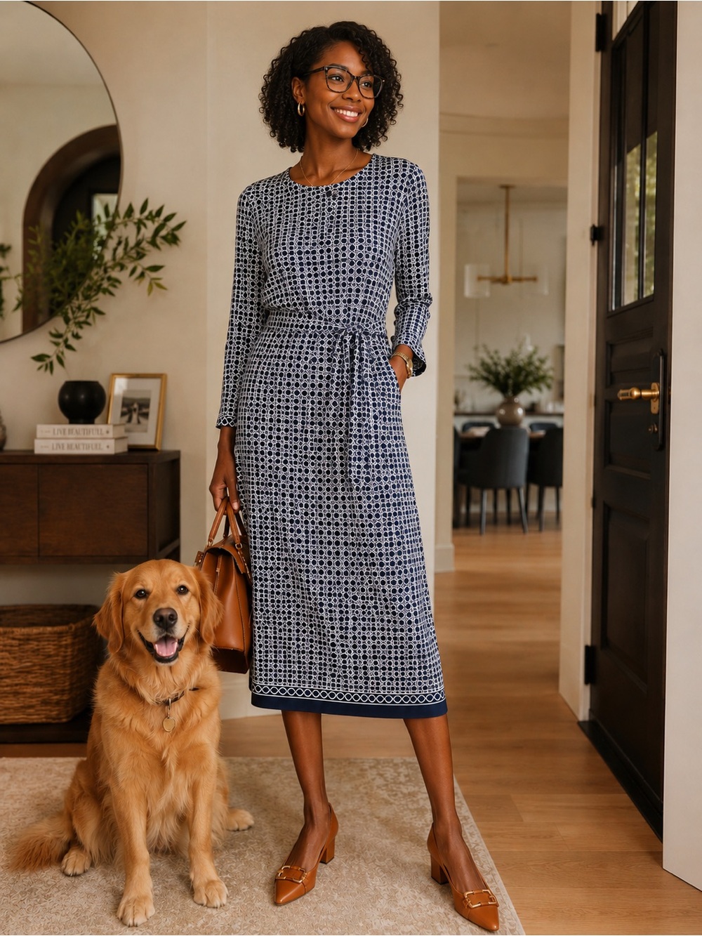Talbots Navy and White Geometric Tie-Waist Midi Dress. NEVER WORN